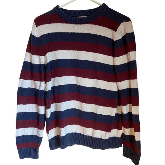 Preppy Cozy Lands End Stripe Cotton Nautical Crew Neck Sweater Knit L Fall - Picture 1 of 5